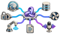 A compact Lua rule core connected to web, state, transaction, background work, equipment, files, and speech mechanisms.